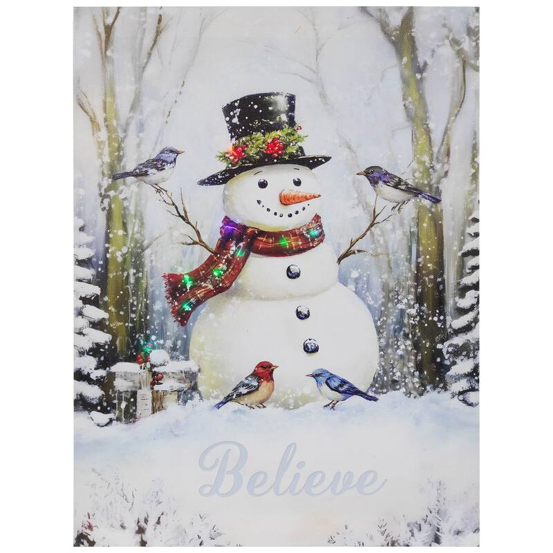 LED SnowmanBird Friends Christmas Canvas Wall Art 15.75" x 11.75"