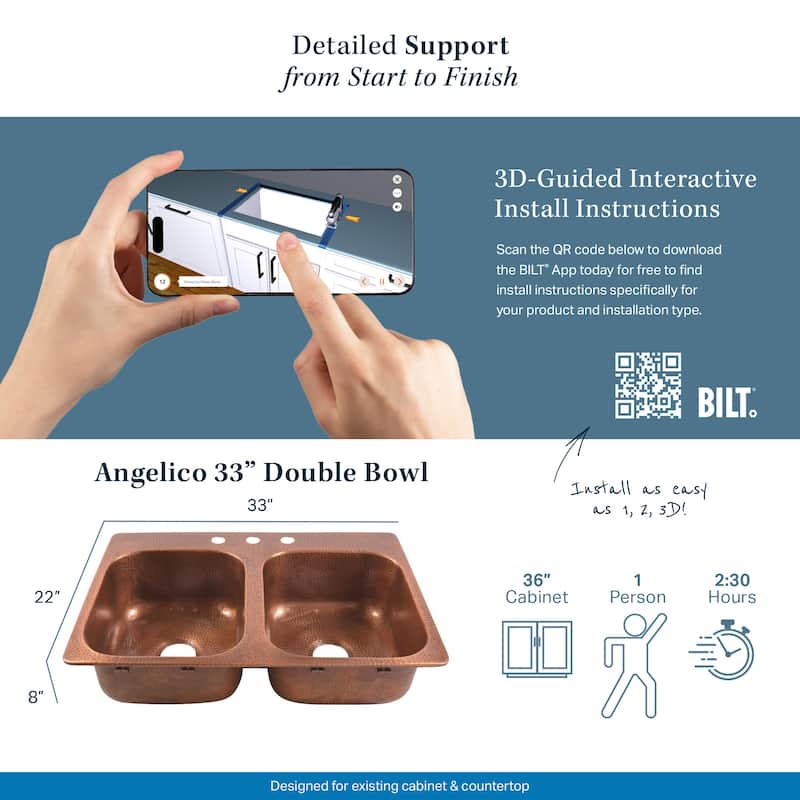 Angelico Copper 33" Double Bowl Drop-In Kitchen Sink with 3 Holes