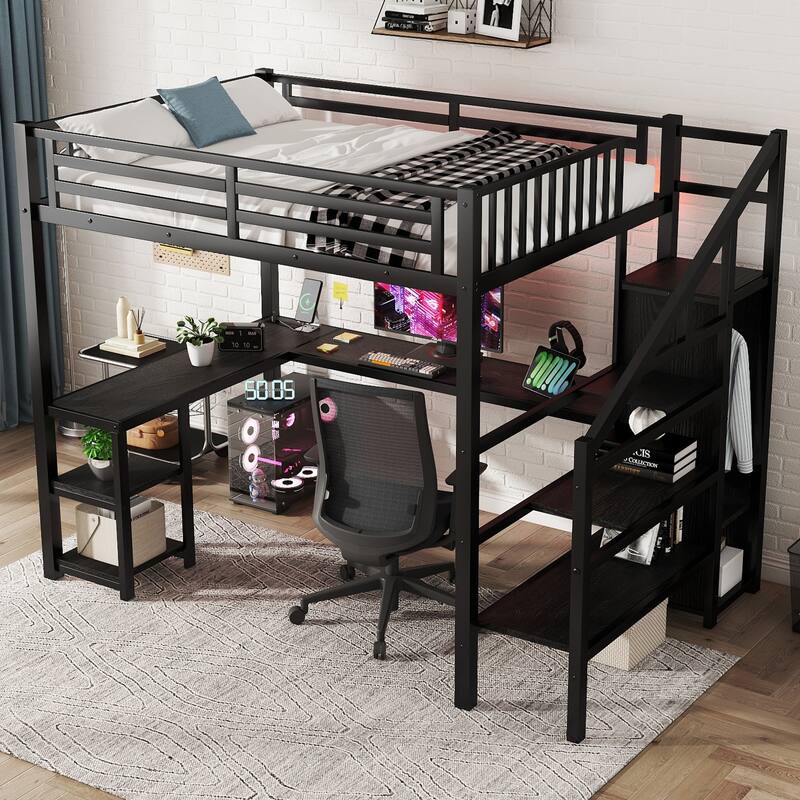 Metal Full Size Loft Bed with Wardrobe, LED Light & L Shaped Desk, USB for Kids Teens Adults, Black