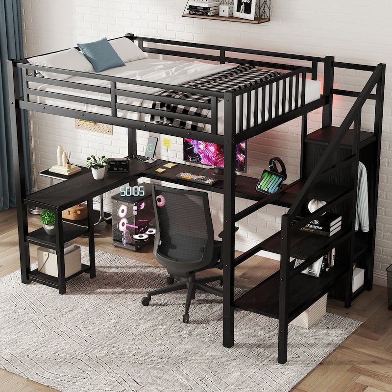 Metal Loft Bed with L-Shaped Desk and USB Port, Heavy Duty Bed Frame with Wardrobe and LED Lights