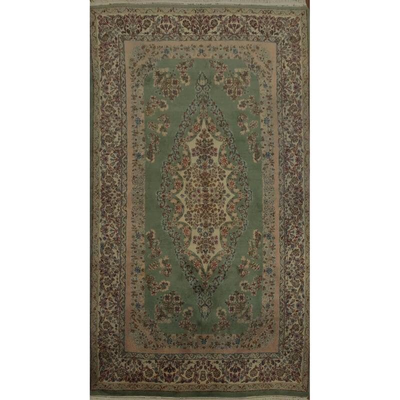 Hand Knotted Oriental 100% Wool Carpet Traditional Floral Green Kerman Area Rug - 8' 3'' X 4' 10''