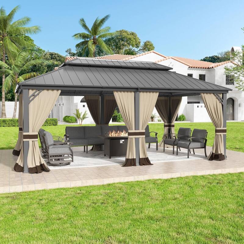 Outdoor Hardtop Gazebo Galvanized Steel Roof & Aluminum Frame, Patio Canopy Pergola w/ Mosquito Net & Curtain - Sand - 12' x 20'