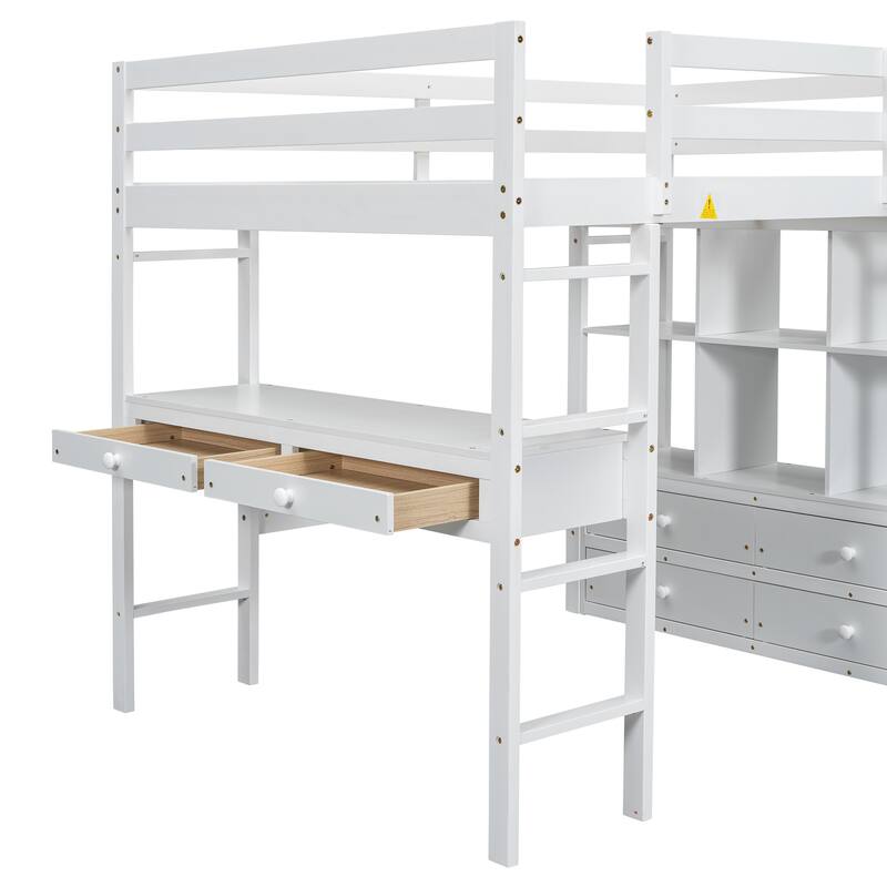 Full Size Pine Wood Loft Bed with Built-in Desk, Drawers, and Storage