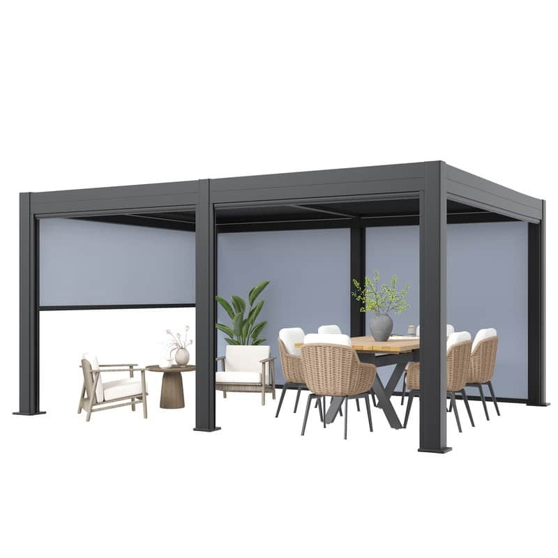 EROMMY Outdoor Louvered Pergola Gazebo with Adjustable Aluminum Rainproof Roof and Pull-Down Screen