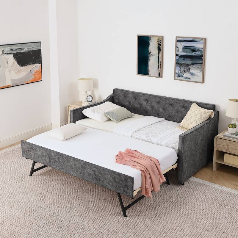 Twin Upholstered Daybed with Pop-Up Trundle & USB Charging Ports - Grey - Twin