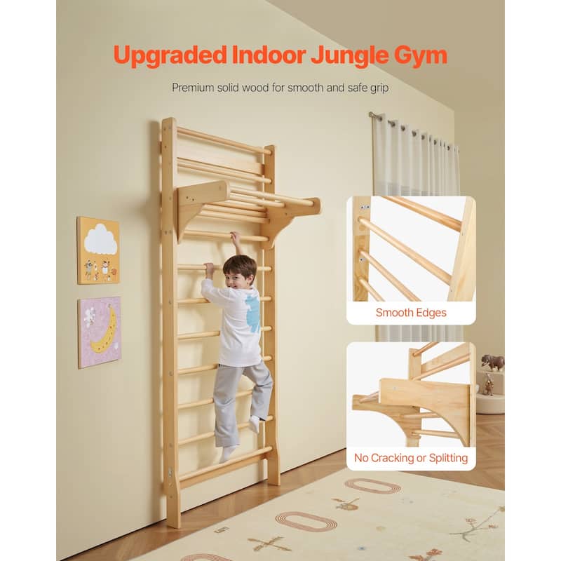 Beige Pine Wood Swedish Wall Ladder Indoor Playground Gym for Kids and Adults with 10 Level Climbing Bars 220 lbs Capacity