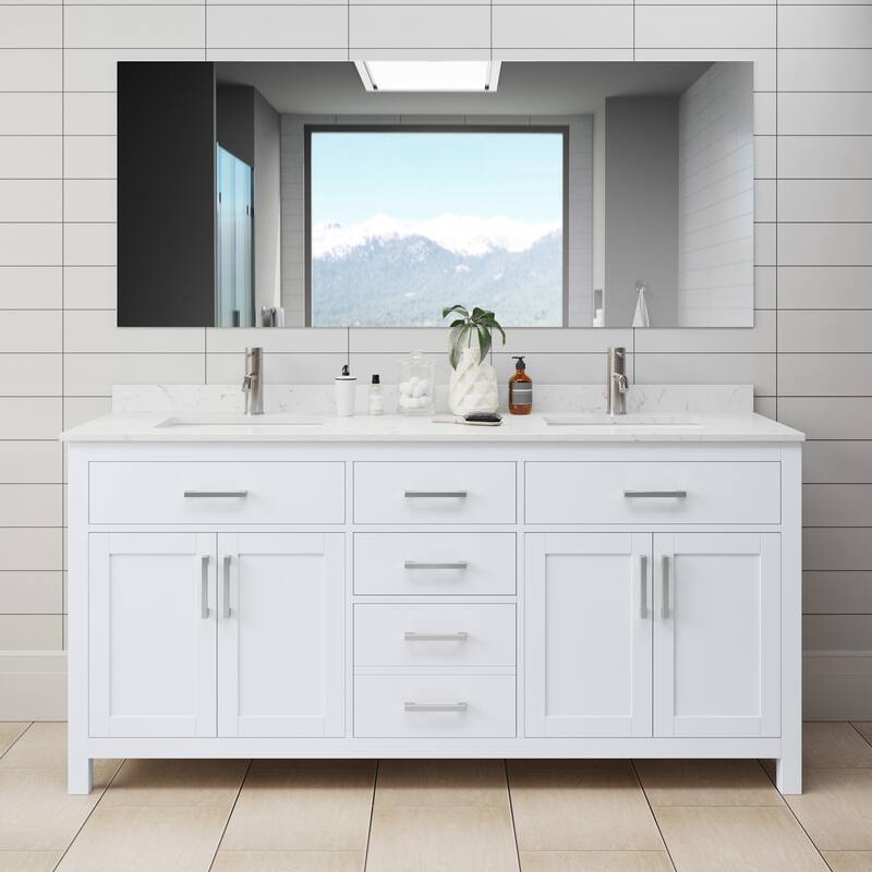 Wyndham Collection WCG242472DCCUNSMXX Beckett 72" Free Standing Double - Painted - White / Carrara Cultured Marble Top / Brushed