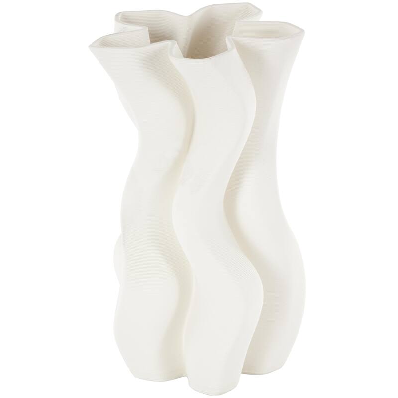 Ceramic Abstract Ribbed Dimensional Wavy Decorative Vase with Floral Shaped Rim - White - Roche River Decor - White - 5"W, 10"H