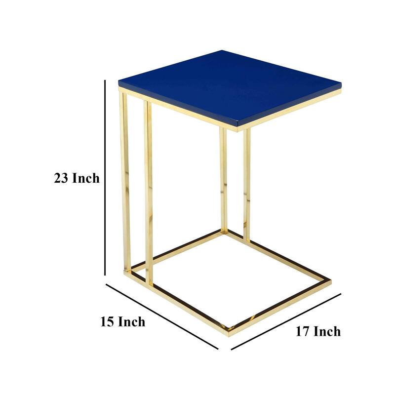 Zen Side End Table, C Shape Gold Base, Navy Blue Lacquer Top