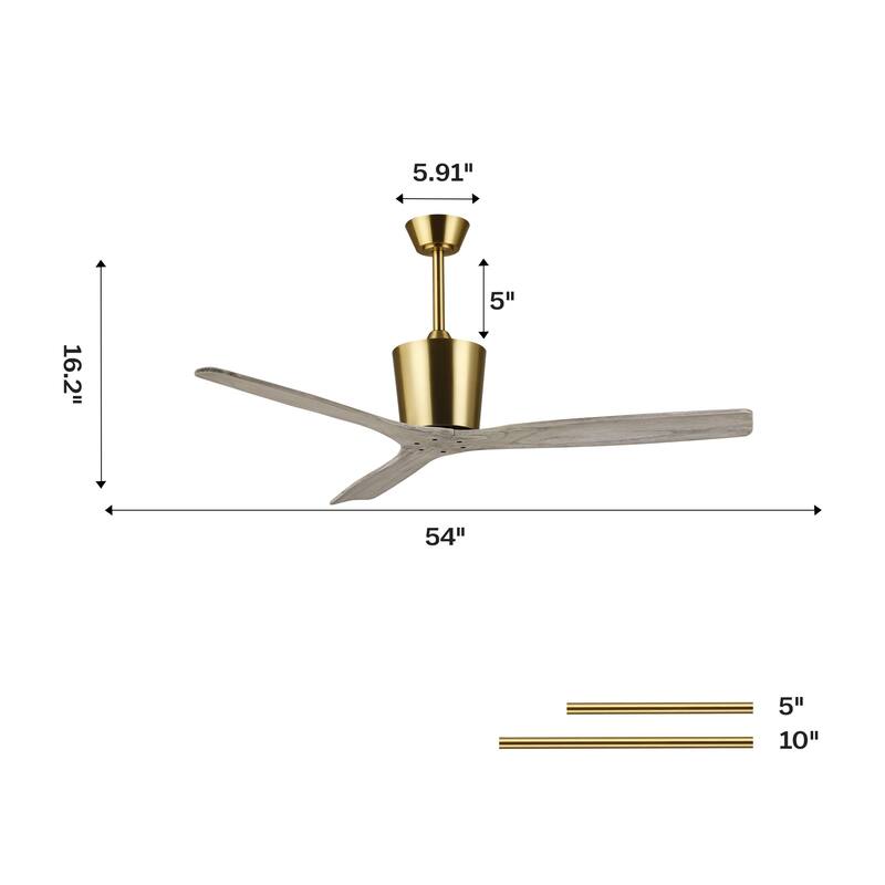 54" Modern Gold/Brushed Nickel Solid Wood 3-Blade Outdoor Ceiling Fan without Light
