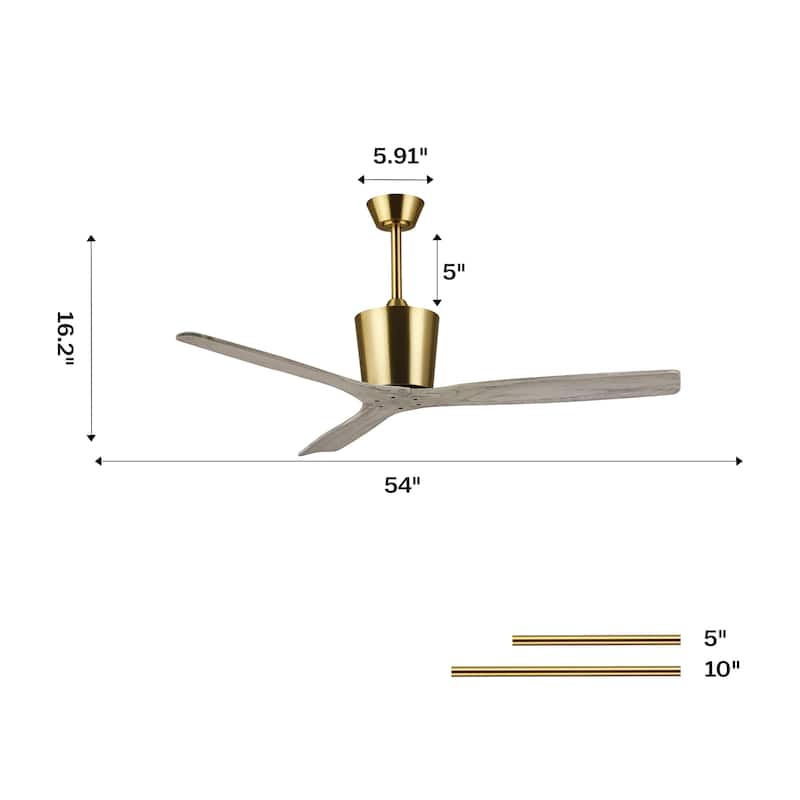 54" Modern Gold Solid Wood 3-Blade Outdoor Ceiling Fan without Light