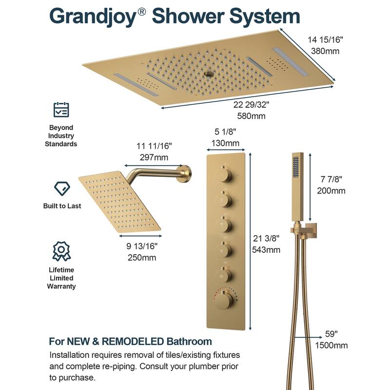 GRANDJOY Dual Shower Heads System with 3 Spray Modes 22"*15" Ceiling and 6" Wall Mount Body Jets Handheld Spray LED Music