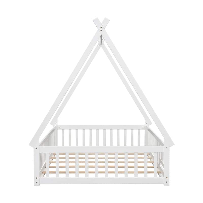Full Tent-shaped Floor Bed,with Guardrails,Slats,Door