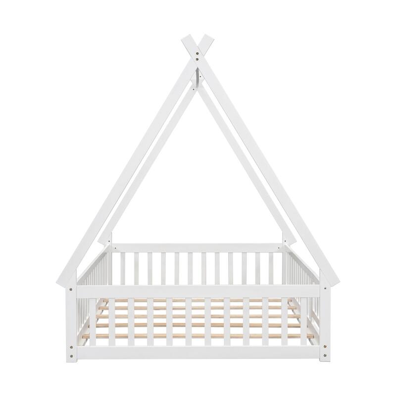 Full Tent-shaped Floor Bed with Guardrails, Slats, Door