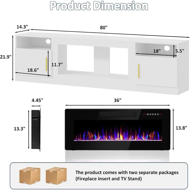 Bossin 80" Fireplace TV Stand with 36" Electric Fireplace, TV Stand for TVs Up to 90", 16 Colors LED Lights/Entertainment Center