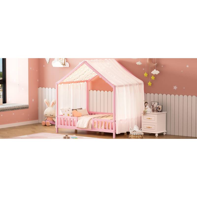 Full Size House-Shaped Kids Bed with Canopy and Safety Railings, Pink