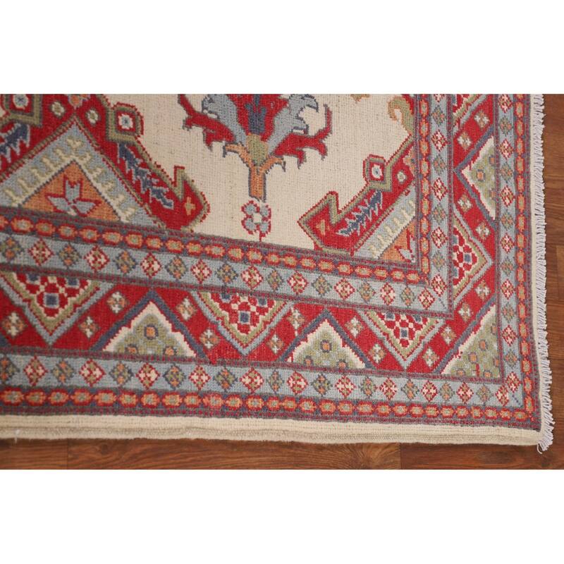Ivory Kazak Oriental Area Rug Hand-Knotted Traditional Wool Carpet - 4'11" x 6'6"