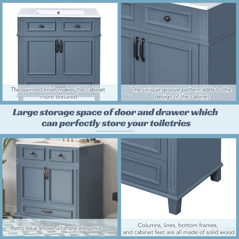 Roomfitters 30" Bathroom Vanity with Ceramic Sink, Solid Wood Cabinet, Soft Closing Doors, Retro Style, Blue