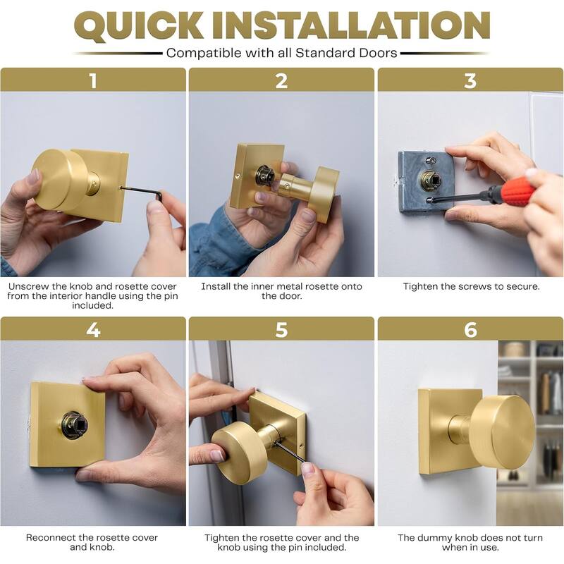 Mega Handles Modern Square Rosette Door Handle with Round Door Knob, Dummy Function, Easy Install for Closet, Hallway, Bedroom