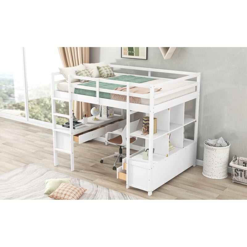 Full-Size Loft Bed with Desk, Drawers & Storage Shelves - Space-Saving Design