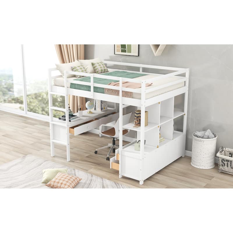 White Pinewood Loft Bed with Built-in Desk, Drawers, Shelves, and Storage Cabinets