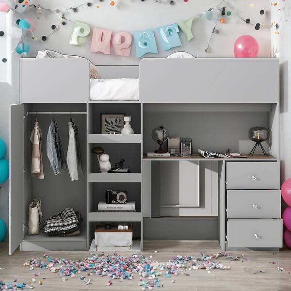 slide 2 of 14, Full Size Loft Bed with Wardrobe,Desk,Shelves and Drawers for Home,Kids Bed Design