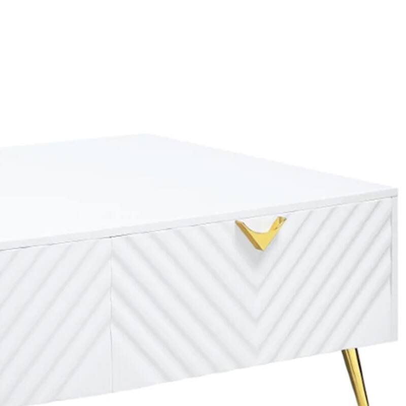Tyra 53 Inch Modern Coffee Table, 2 Drawers, Metal Handles, White, Gold
