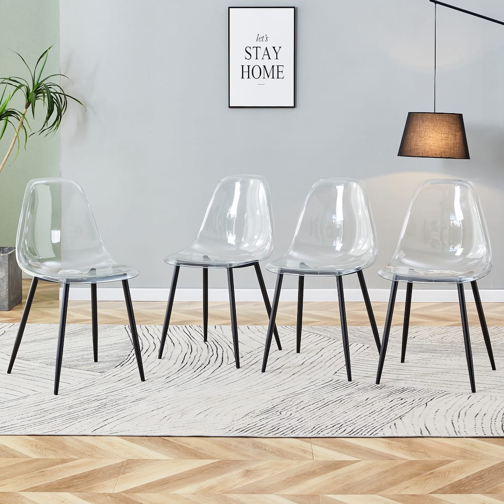 Roomfitters Transparent Plastic Dining Chairs with Black Metal Legs, Armless Crystal Nordic Style Set of 4 for Home Use, Black