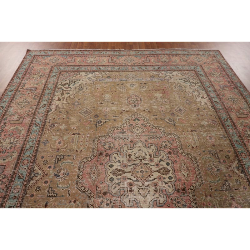 Distressed Gold Tabriz Persian Vintage Rug Handmade Wool Carpet - 8'3"x 10'8"