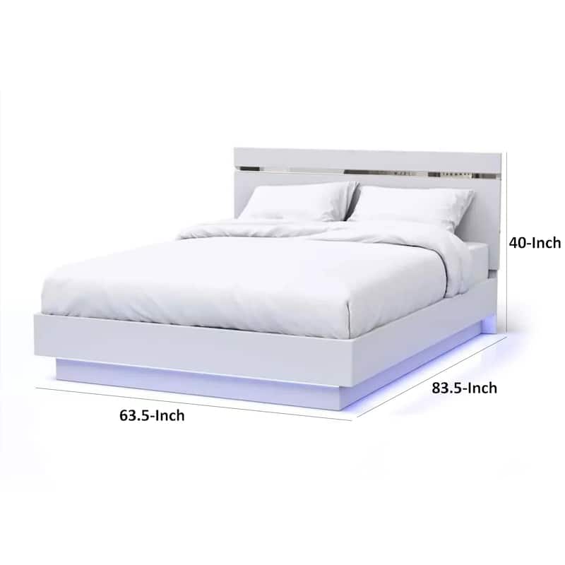 Pero Queen Size Bed, Chrome Accent Headboard, White LED Footboard