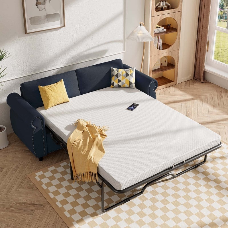 Mixoy Full/Queen Size Pull Out 2 in 1 Sleeper Sofa Bed with Mattress,Convertible Upholstered Loveseat with Nailhead