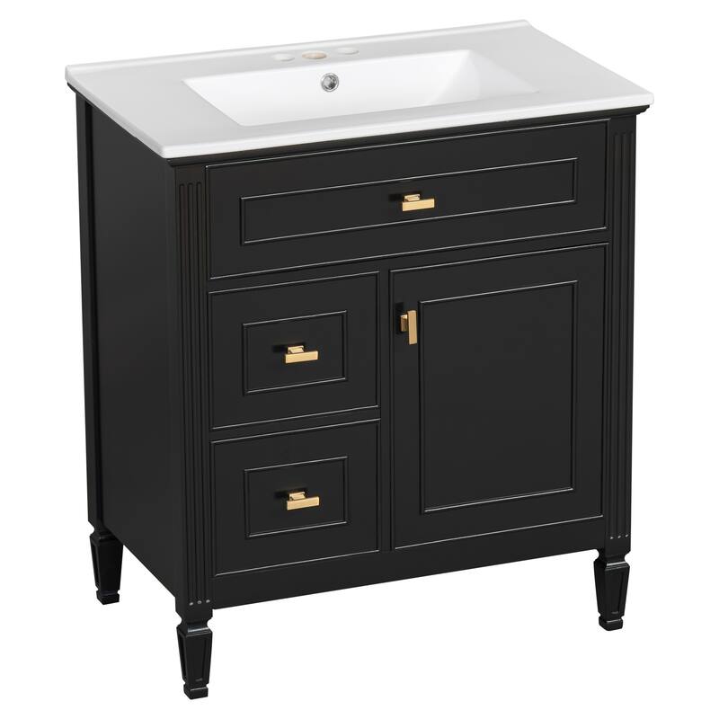 Roomfitters 30" Bathroom Vanity with Ceramic Sink, Solid Wood Frame with Flip Drawer, 2 Side Drawers & Adjustable Shelf