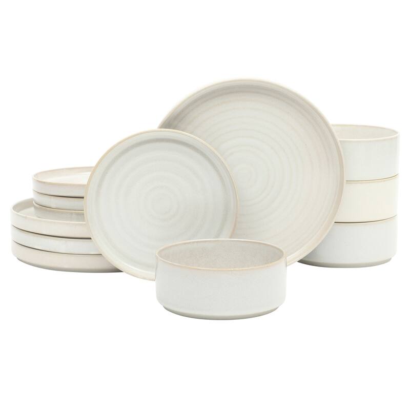 Gibson Elite Echo Bay 12 Piece Porcelain Reactive Glaze (Service for 4) Ceramic Plates and Bowls Dinnerware Set - White