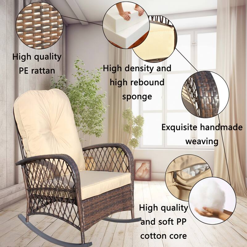 Outdoor Wicker Rocking Chair with Wide Seat, All- Weather Rattan Armchair for Poolside, Garden, Porch, Backyard
