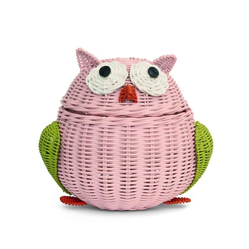 Pink Owl Rattan Storage Basket with Lid Decorative Home Decor Hand Woven Shelf Organizer Cute Handmade Handcrafted Gift Art -  7" tall x 6.5" wide x 5.5" deep