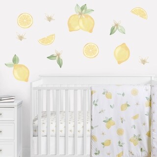Lemon Floral Wall Decal Stickers Art Nursery Decor (Set of 4) - Yellow Green White Watercolor Boho Bohemian Farmhouse Flower