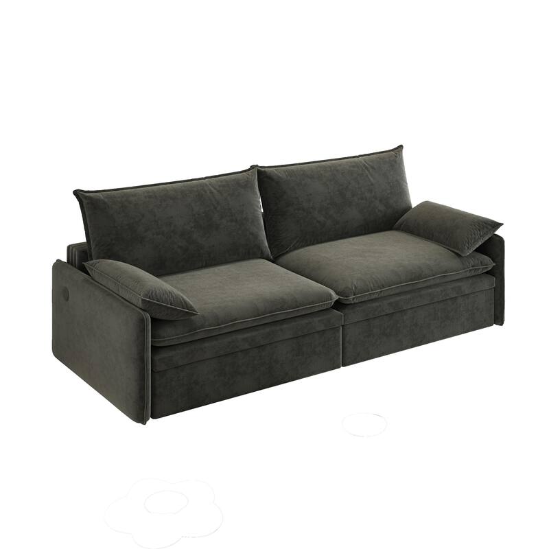 Modern Convertible Sofa Bed, Chenille Fabric Couch with Pull-Out Sleeper Bed, Living Room Loveseat with USB Port, Hidden Storage