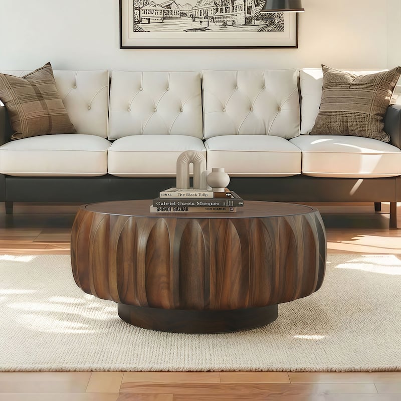 Elegant Round Solid Wood Coffee Table – Hand-Carved Sculptural Design‌ - Walnut