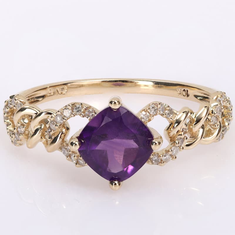 Miadora Cushion African Amethyst and 1/7ct TDW Diamond Link Engagement Ring in 10k Yellow Gold