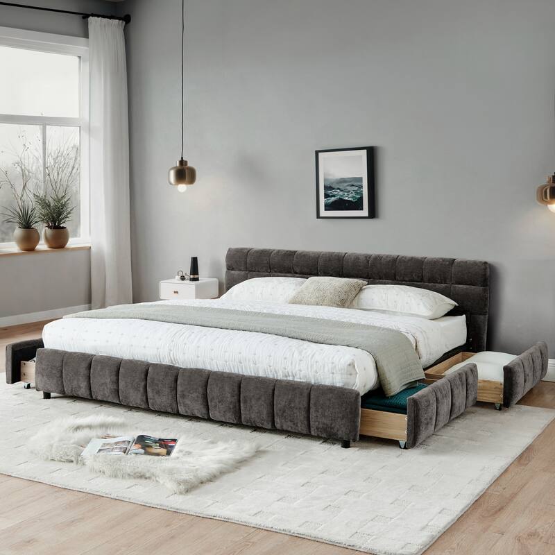 Block Thick Chenille Low Profile Platform Bed Fabric Upholstered Bedframe with Headboard Solid Wood Frame - Optional Storage Bed