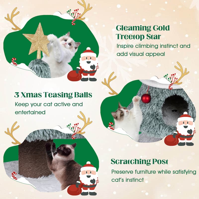Costway 48.5” Christmas Cat Tree for Indoor Cats with 2 Large Condos, - as pic shows - See Details
