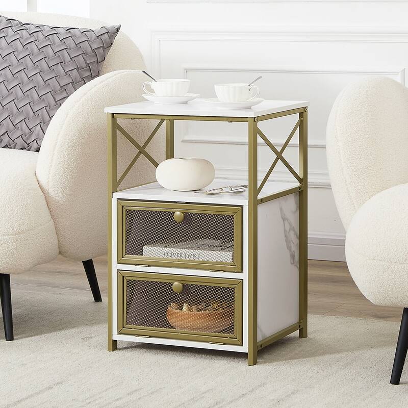 VECELO Modern End Table with 3-tier Storage Shelves, Nightstands with Charging Station(Nightstand Set of 2)