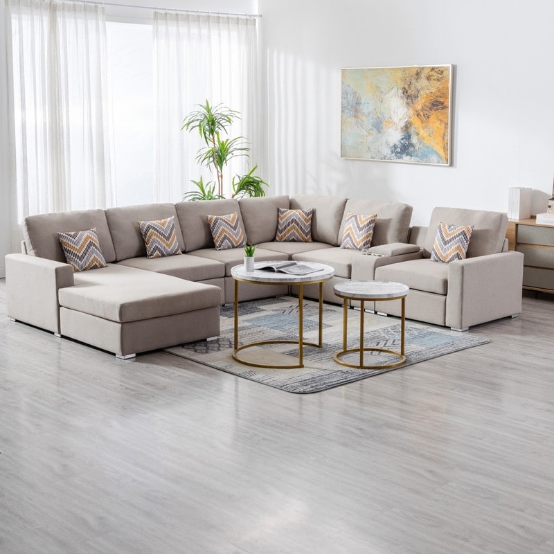 Nolan Fabric 7Pc Reversible Chaise Sectional Sofa w Charging