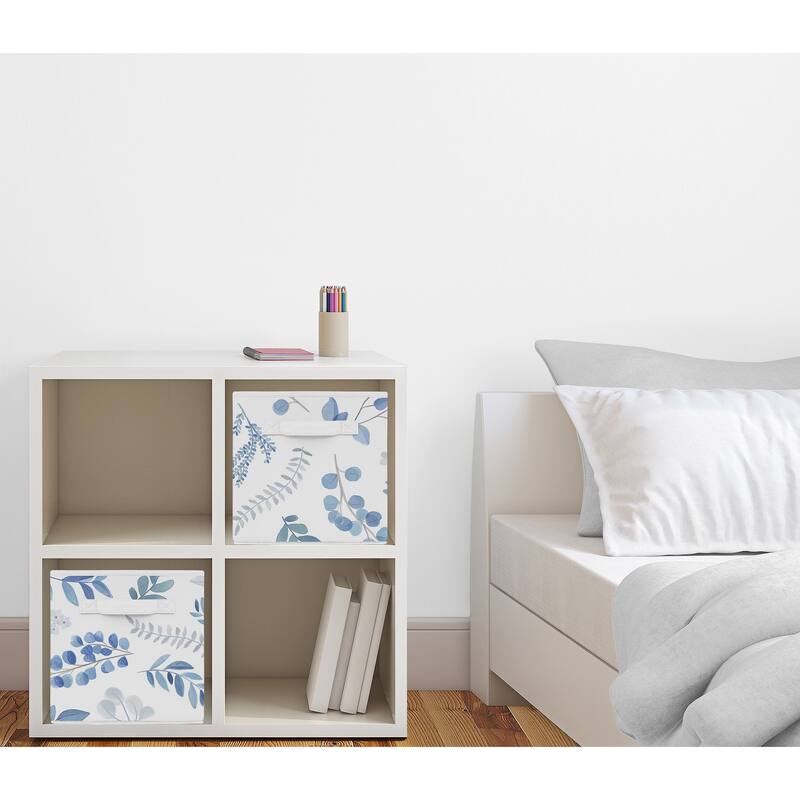 Floral Leaf Collection Foldable Fabric Storage Bins - Blue Grey White Boho Watercolor Botanical Flower Woodland Tropical Garden