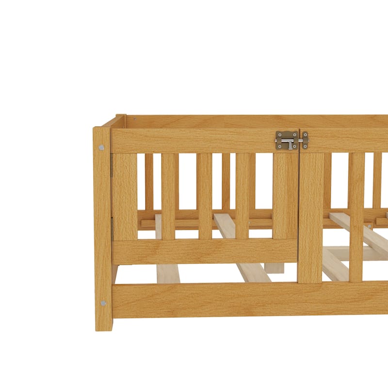 Montessori Toddler Floor Bed with Fence and Switchable Door, Low Profile Bed Frame with Removable Slats, Safe Transition Bed