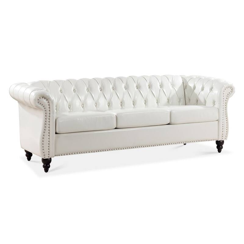 84.65" Chesterfield Tufted Faux Leather Sofa with Rolled Arms