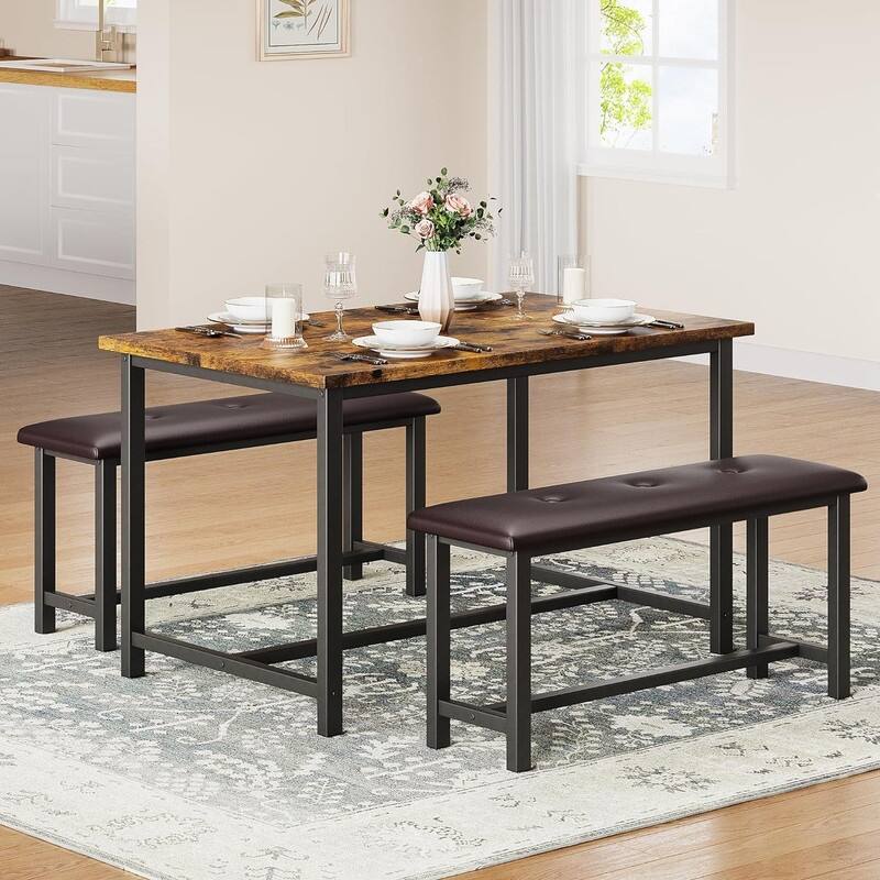 Dining Table Set for 4, Kitchen Table with 2 Upholstered Benches - Brown