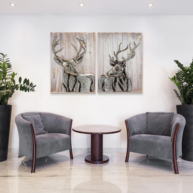 Iron Deer on Slatted Solid Wood Wall Sculpture Set of 2