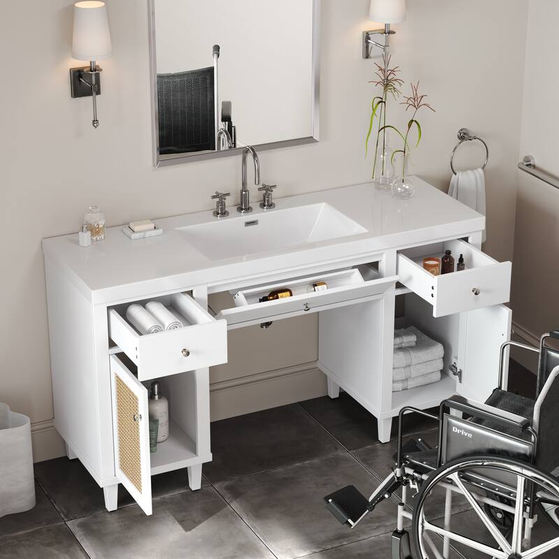 60 Inch ADA Bathroom Vanity with SMC Sink, Soft Close Drawers & Tip-Out Tray