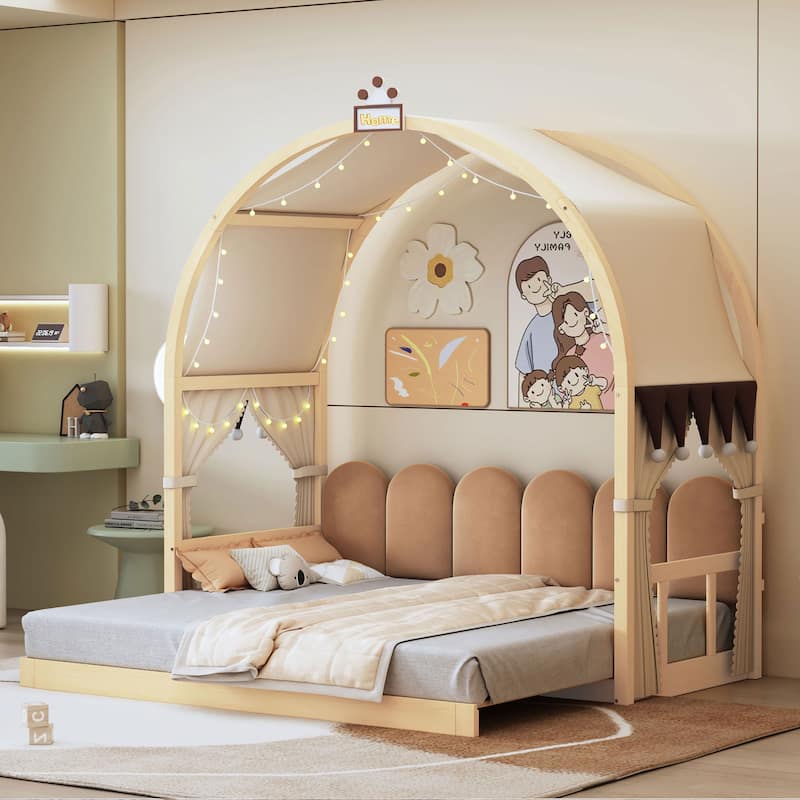 Wood Twin Size Bed Frame with Arched Roof, Floor Bed with Light and Curtain, Pull-out Kids Bed for Girls Boys Bedroom - Natural